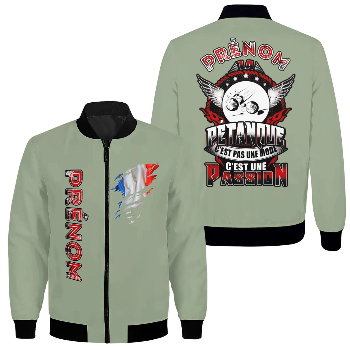 Veste bomber pétanque variante avec slogan Pétanque passion, prénom personnalisé