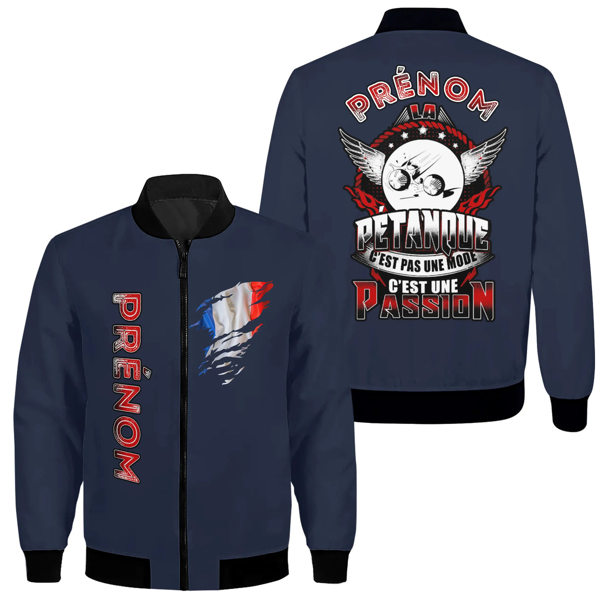 Veste bomber pétanque bleu marine tricolore homme avec slogan Pas une mode c'est une passion et boule, prénom personnalisé