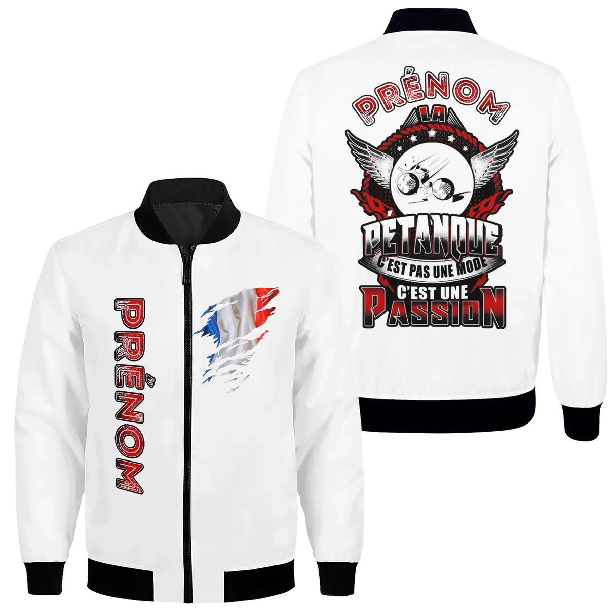 Veste bomber pétanque variante avec écusson tricolore et inscription, prénom personnalisé