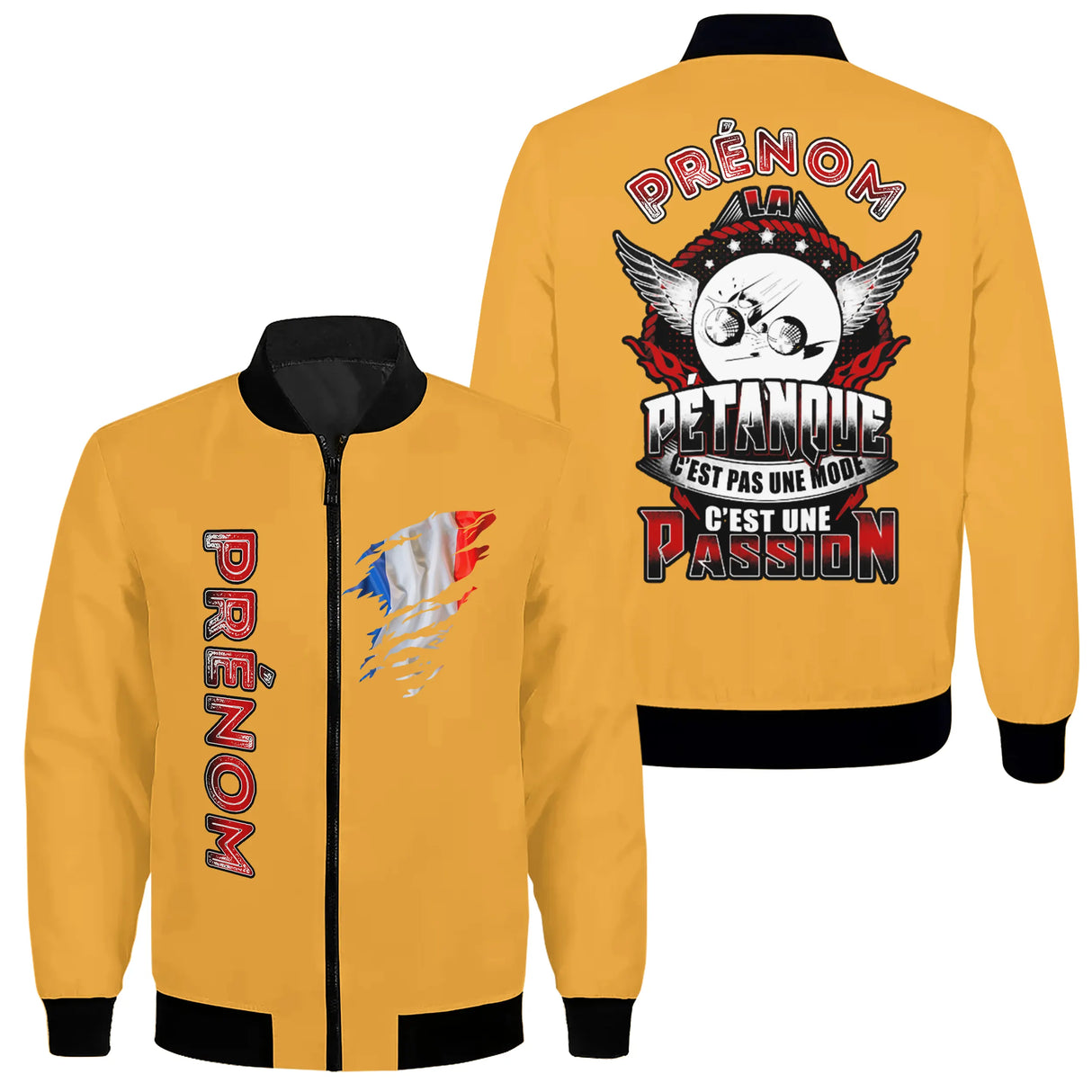 Veste bomber pétanque variante avec slogan passion tricolore, prénom personnalisé