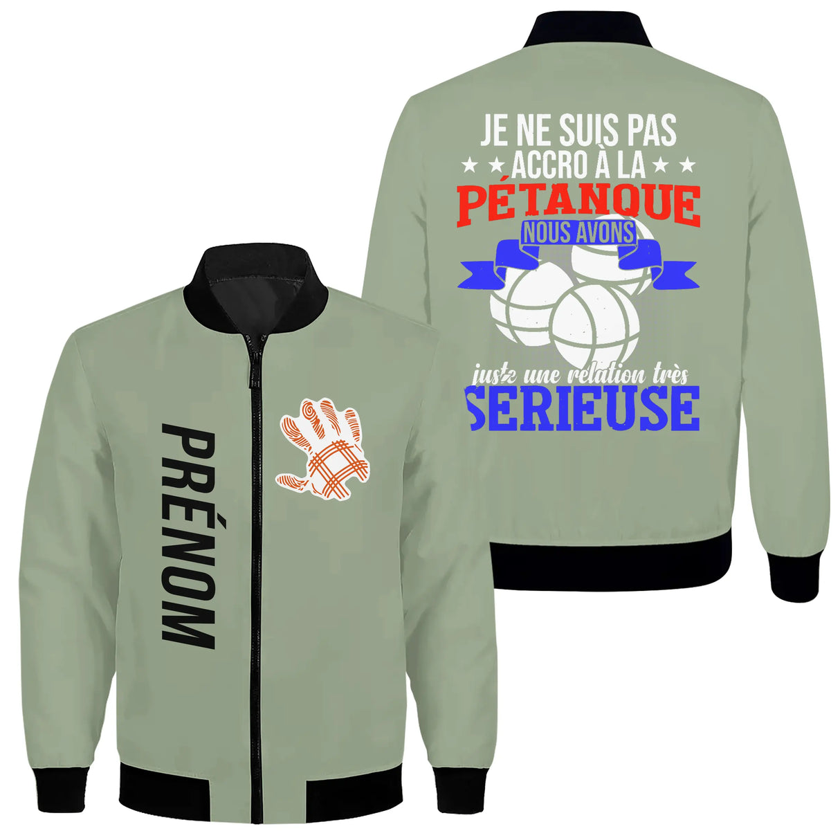 Veste bomber pétanque variante avec inscription accro pétanque humour, prénom personnalisé
