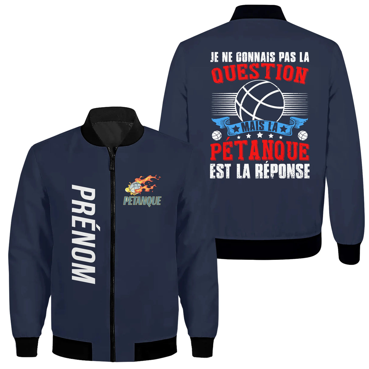 Veste bomber pétanque variante avec écusson PRÉNOM flammes, prénom personnalisé