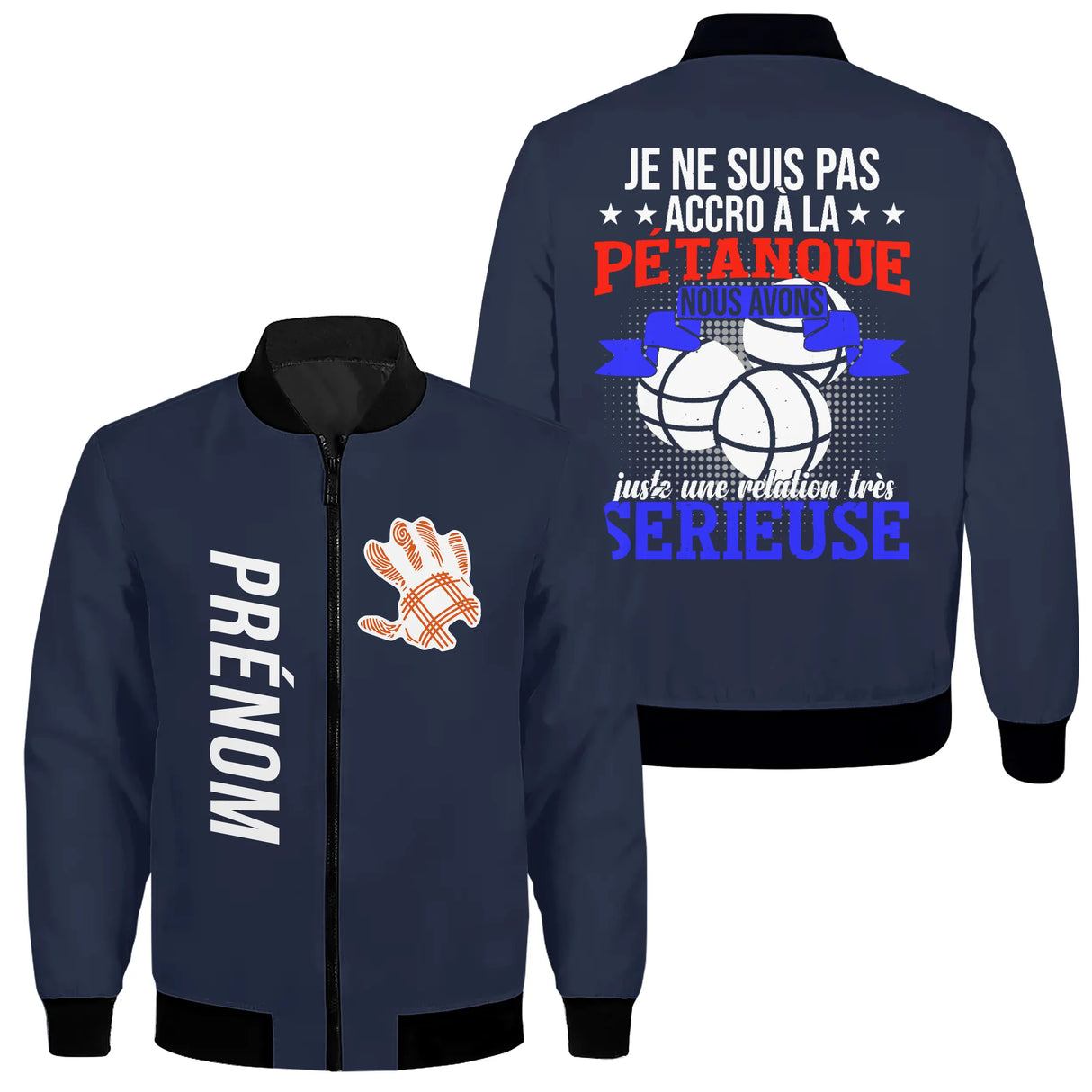 Veste bomber pétanque variante avec écusson PRÉNOM et boule, prénom personnalisé