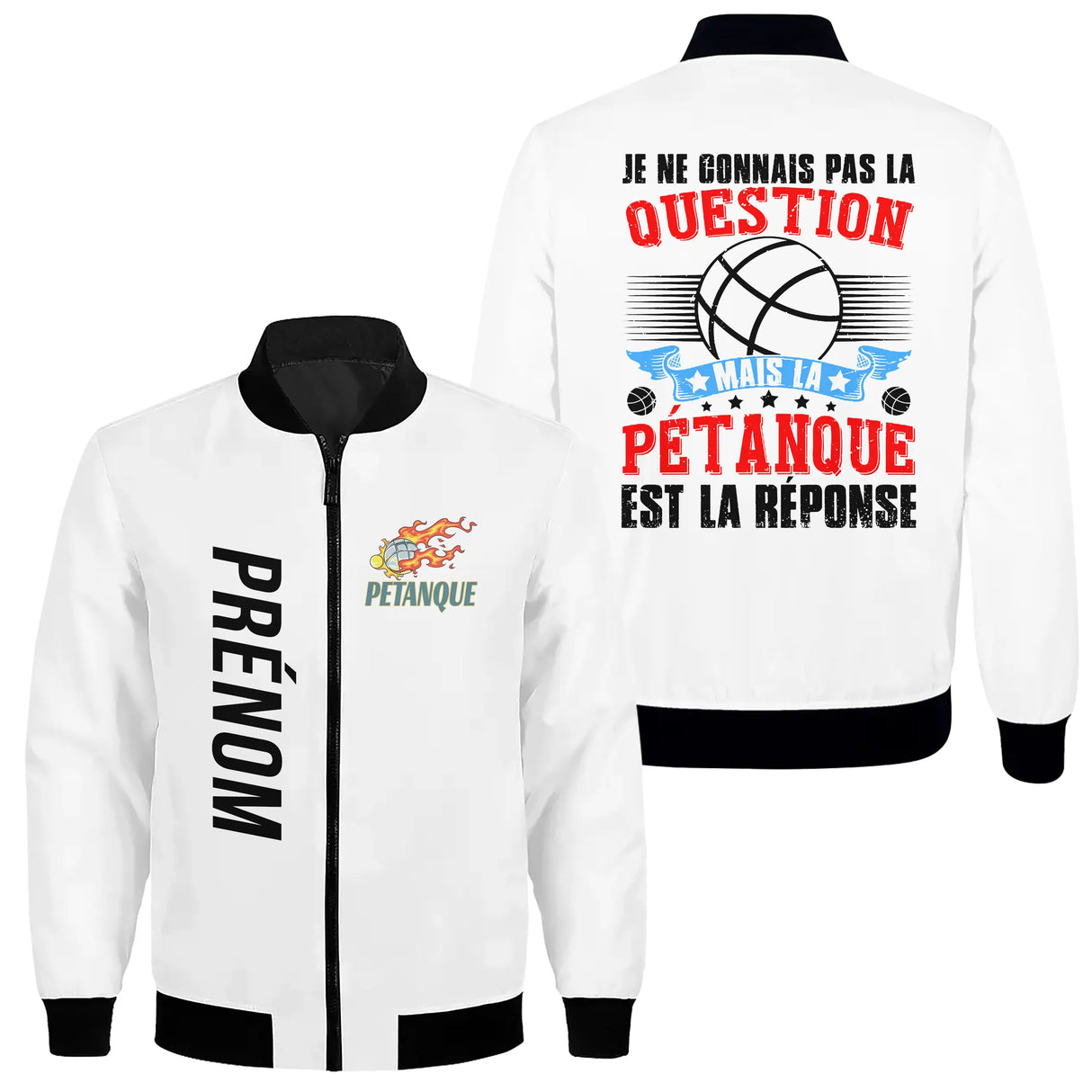 Veste bomber pétanque variante avec slogan pétanque réponse, prénom personnalisé