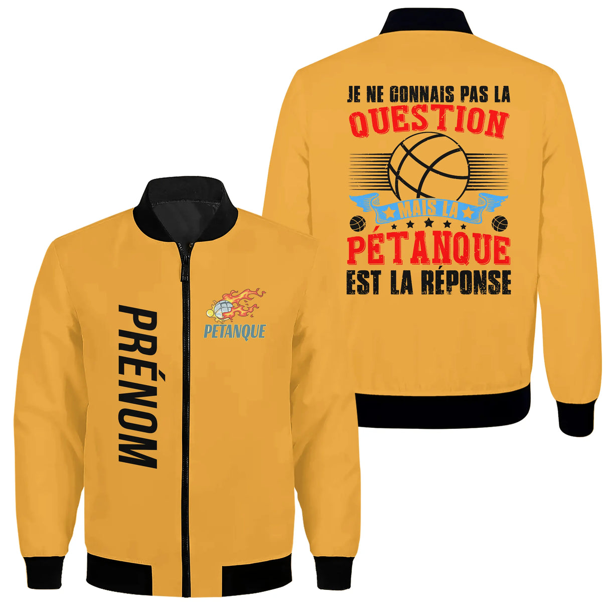Veste bomber pétanque variante avec inscription question humour, prénom personnalisé