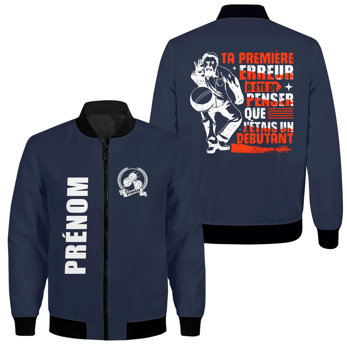 Veste bomber pétanque variante avec écusson PRÉNOM et boules, prénom personnalisé