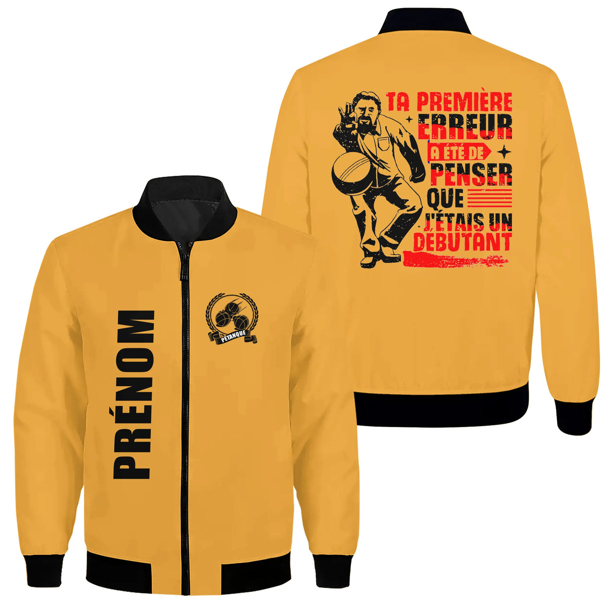 Veste bomber pétanque variante avec inscription première erreur, prénom personnalisé