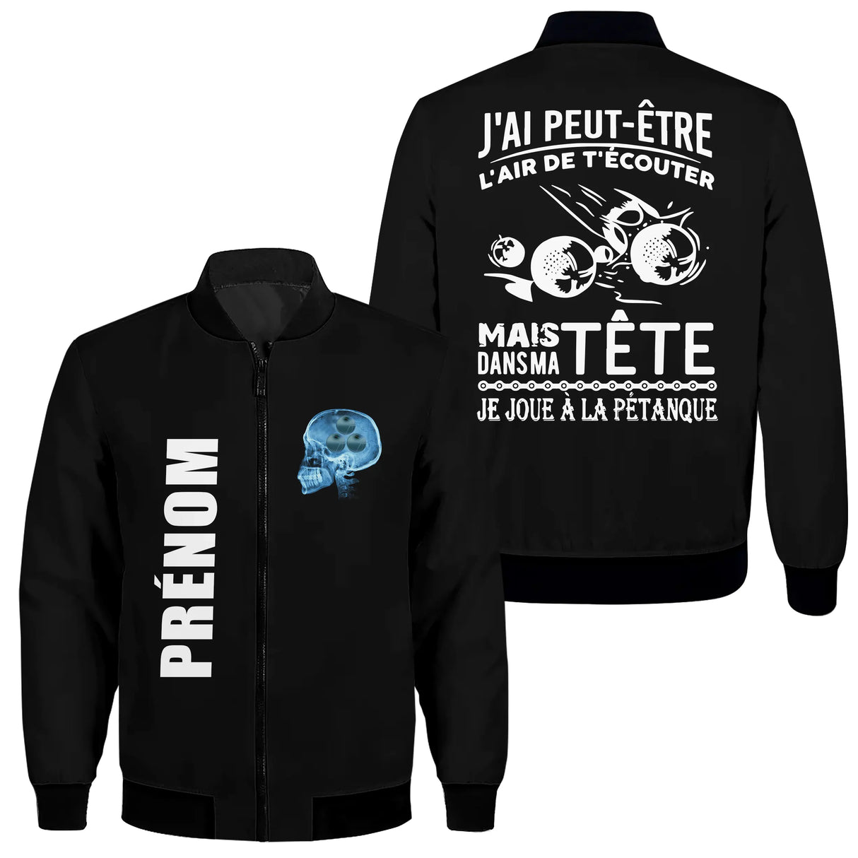 Veste pétanque noire humour cerveau bleu boules dos visuel je joue à la pétanque prénom manche personnalisée