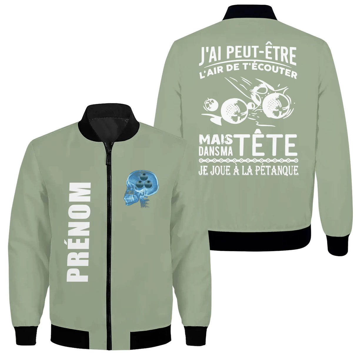 Veste pétanque verte humour bouliste cerveau bleu boules dos prénom manche club personnalisée