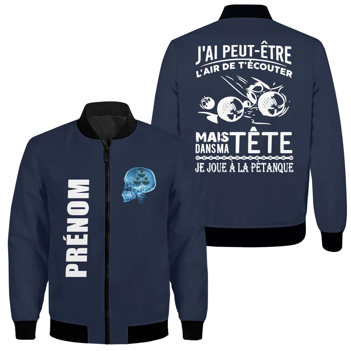 Veste pétanque bleu marine humour cerveau bleu illustration boules dos prénom manche personnalisée