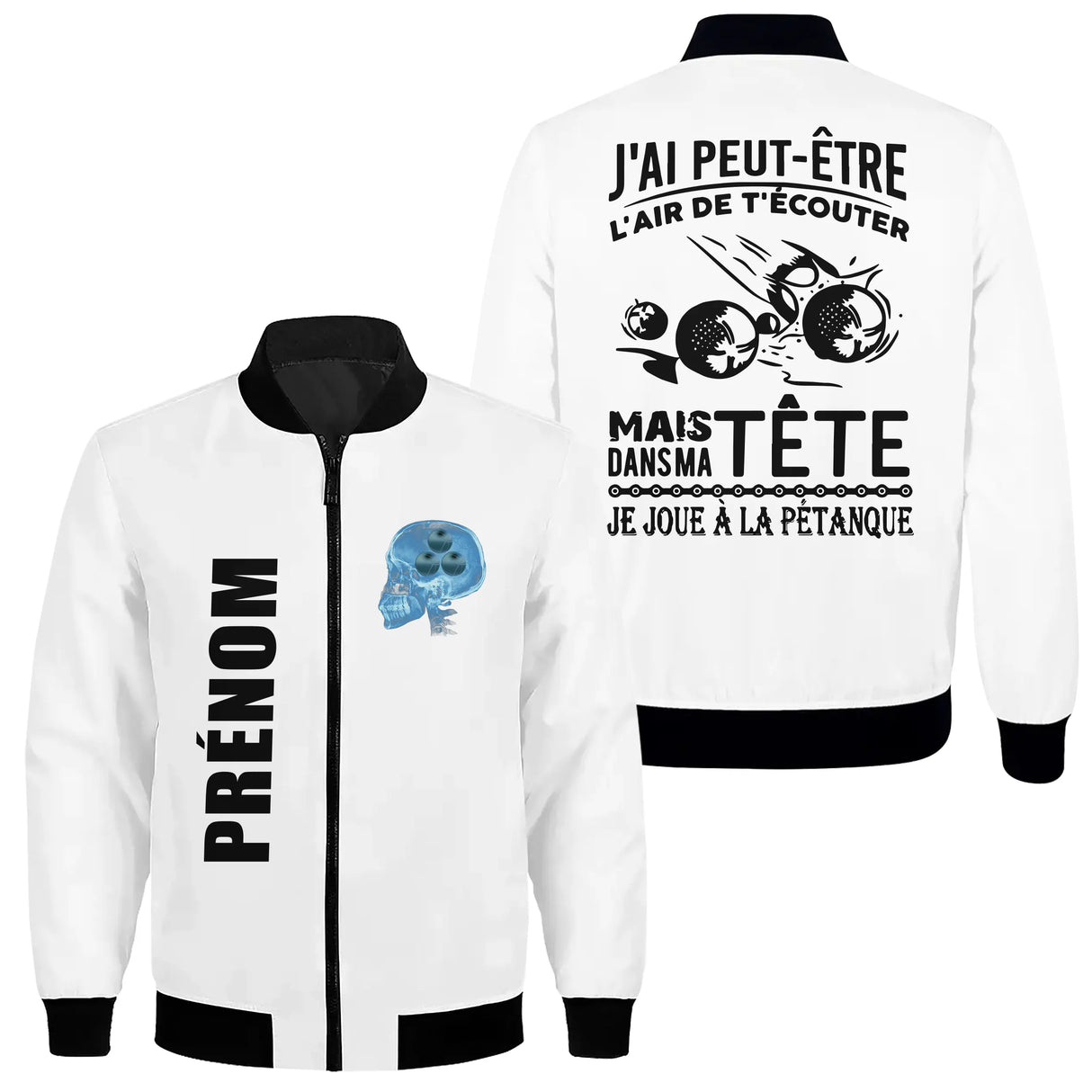 Veste pétanque blanche humour bouliste cerveau bleu boules dos prénom manche club personnalisée