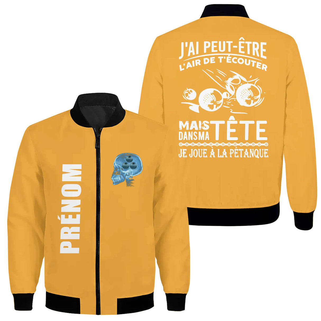 Veste pétanque jaune humour cerveau bleu illustration boules dos prénom manche bouliste personnalisée