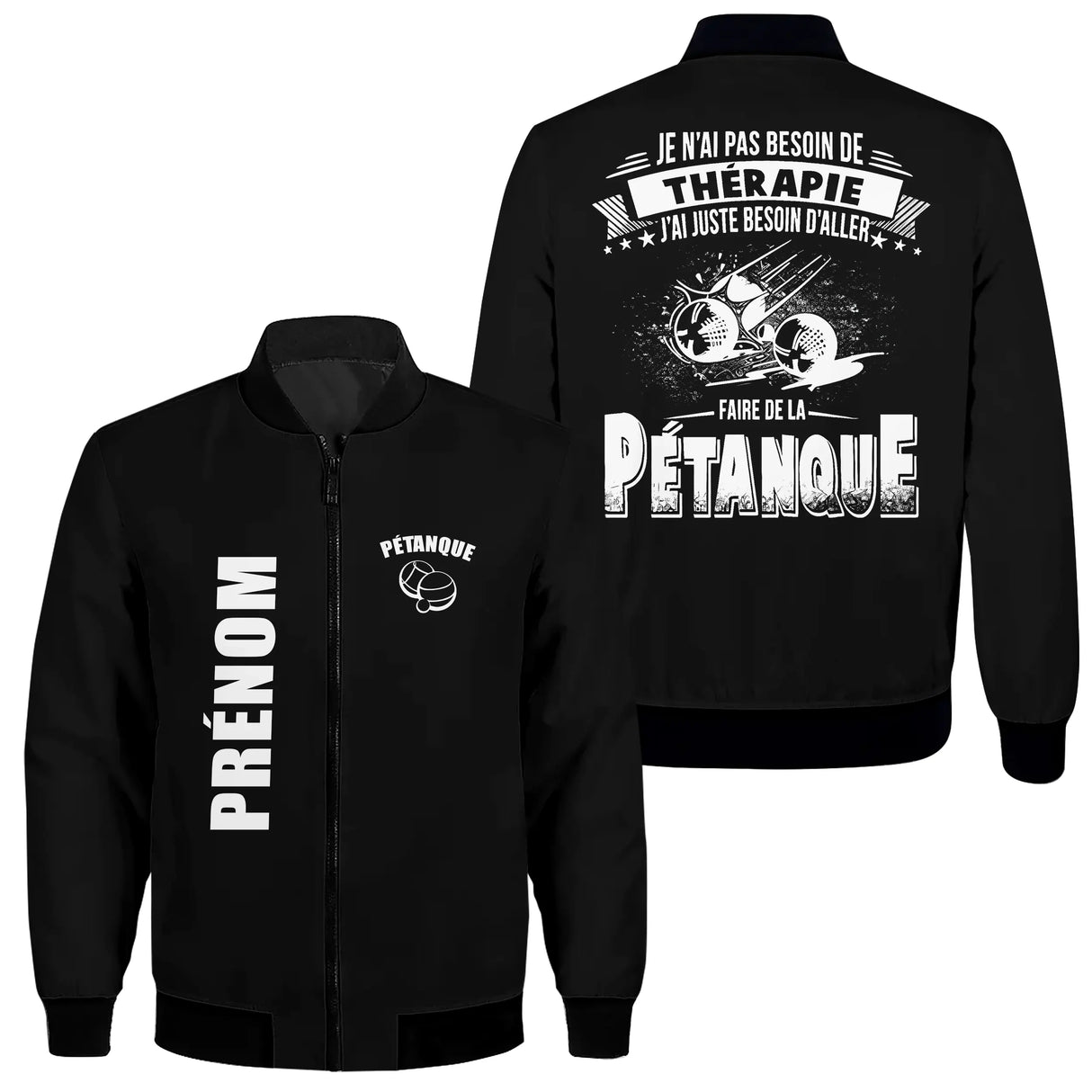 Veste pétanque bomber noir thérapie pétanque illustrations boules mouvement étoiles message humoristique PRÉNOM