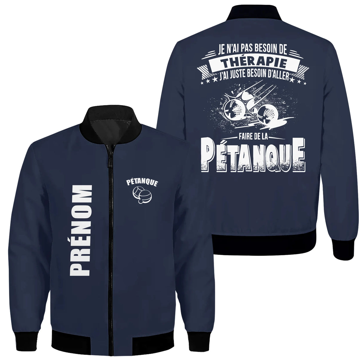 Veste pétanque bomber noir vue avant fermeture éclair PRÉNOM manche logo torse personnalisable