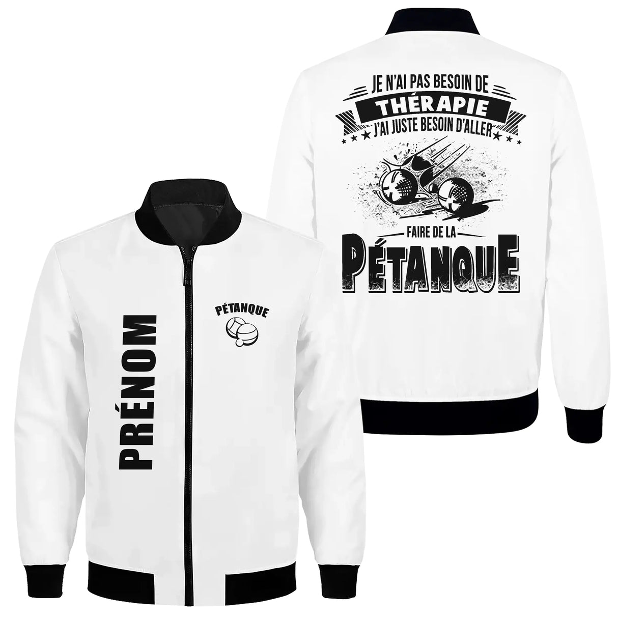 Veste pétanque bomber noir variante coloris design boules étoiles thérapie humour personnalisable