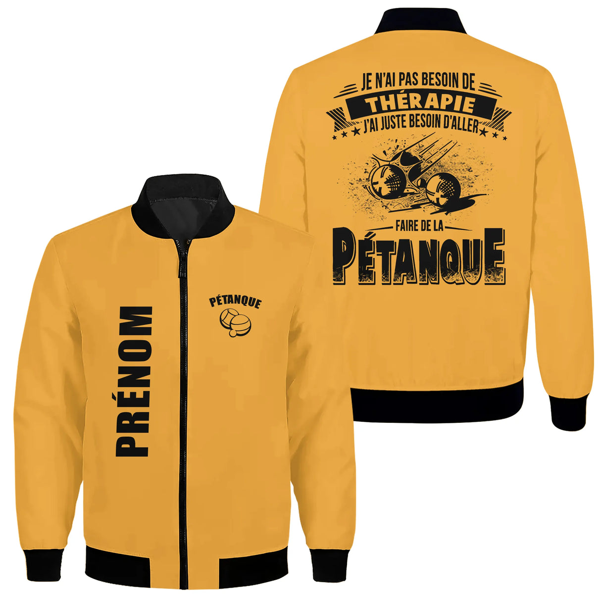 Veste pétanque bomber noir vue manche prénom personnalisé logo association sport fan thérapie