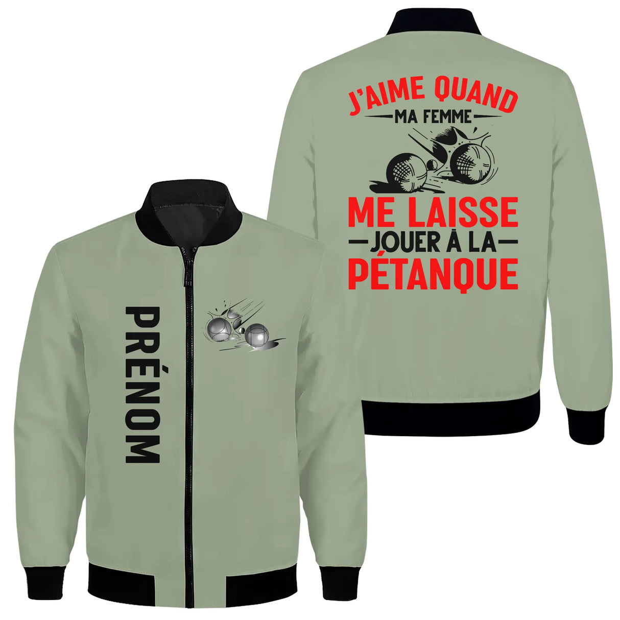 Veste pétanque bomber bleu marine variante coloris design boules typographie rouge personnalisable