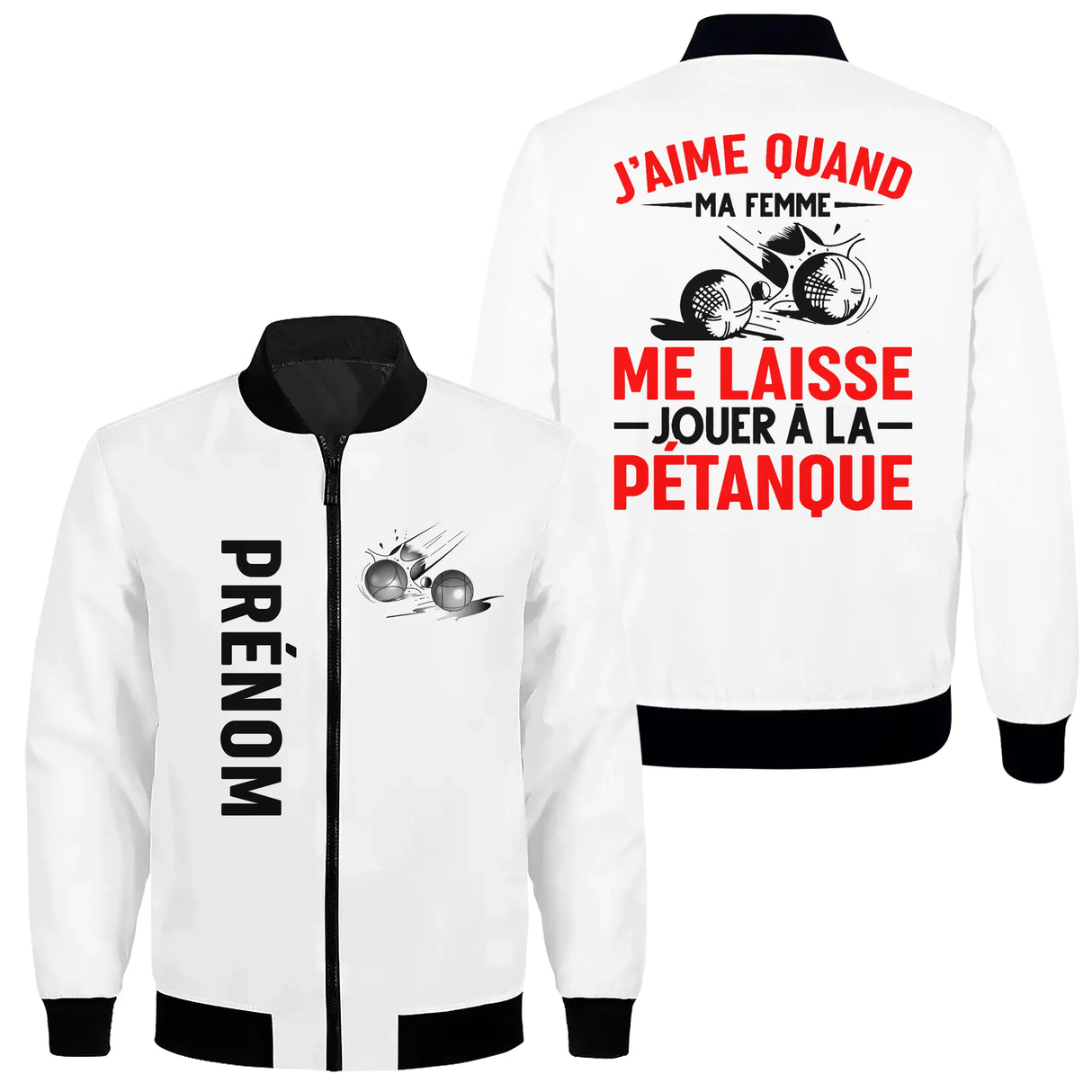 Veste pétanque bomber bleu marine vue dos message j'aime femme me laisse jouer pétanque illustration boules
