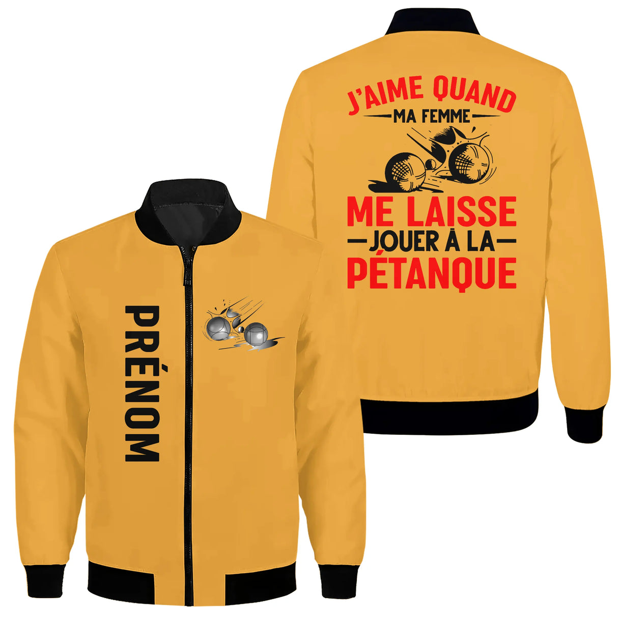 Veste pétanque bomber bleu marine vue avant fermeture éclair PRÉNOM manche logo torse personnalisable