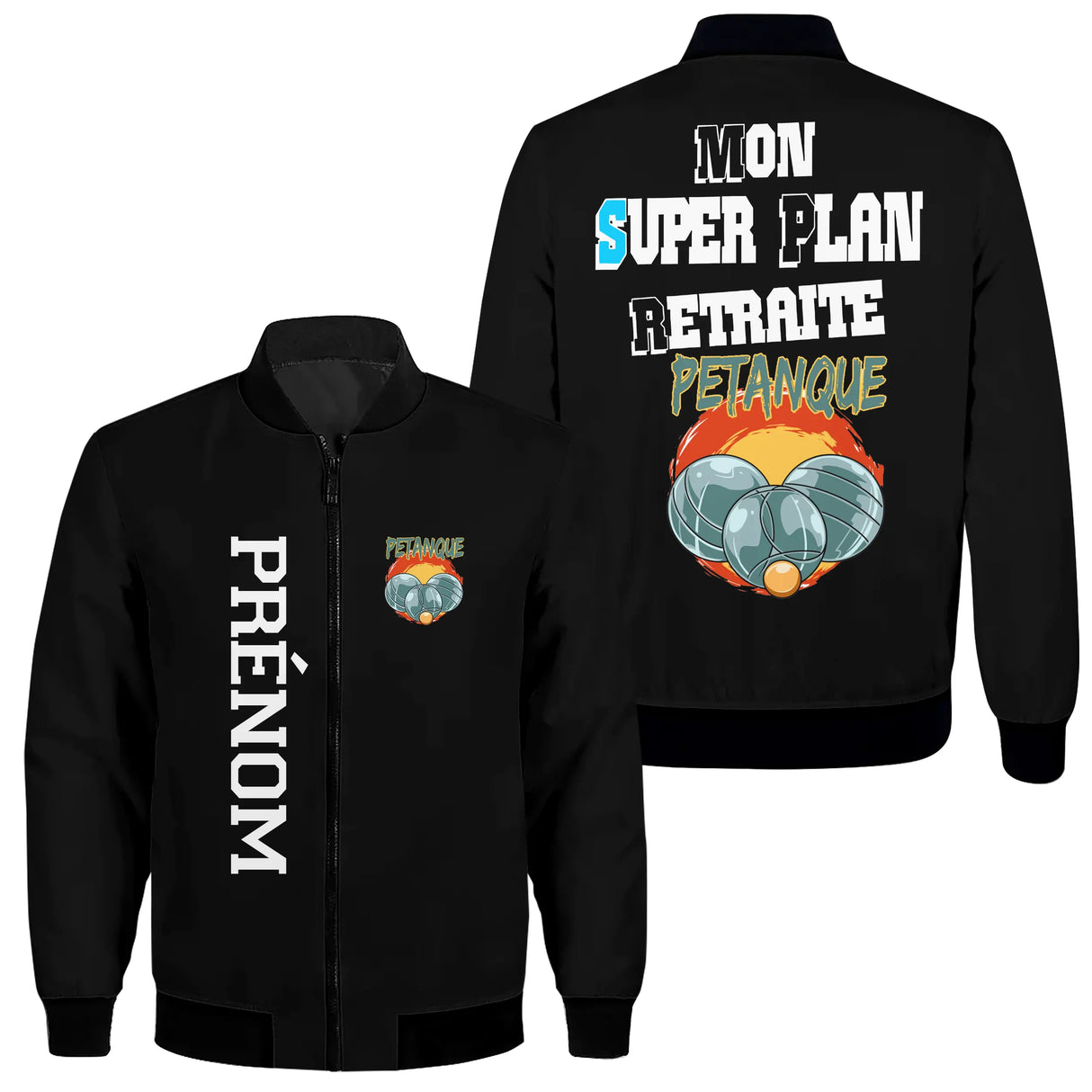 Veste pétanque bomber bleu marine vue manche prénom personnalisé logo association sport bouliste
