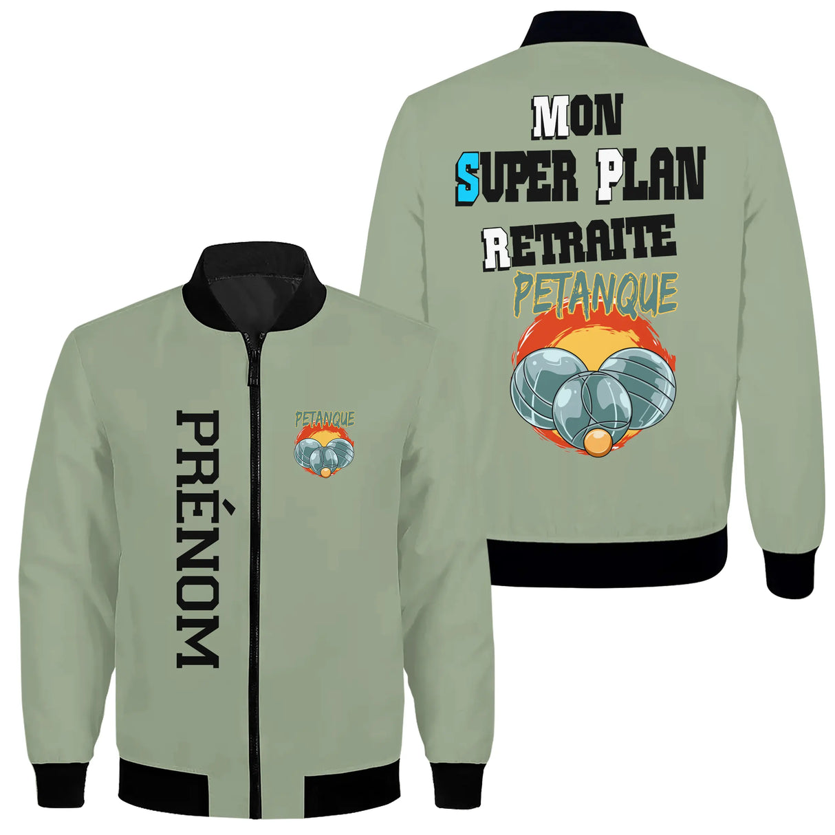 Veste pétanque bomber bleu marine variante coloris design boules humour retraite personnalisable