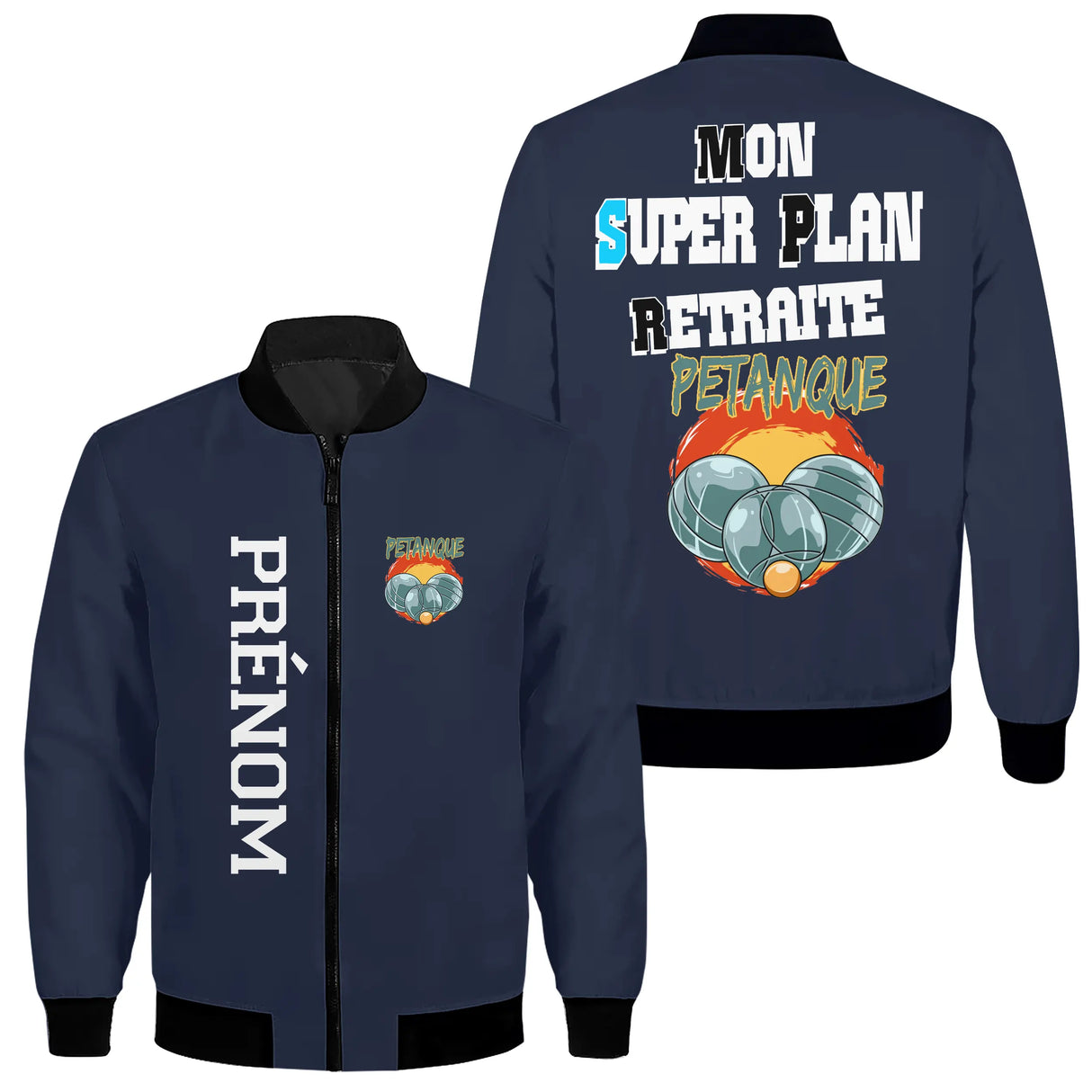 Veste pétanque bomber bleu marine super plan retraite illustration boules soleil orange tricolore PRÉNOM