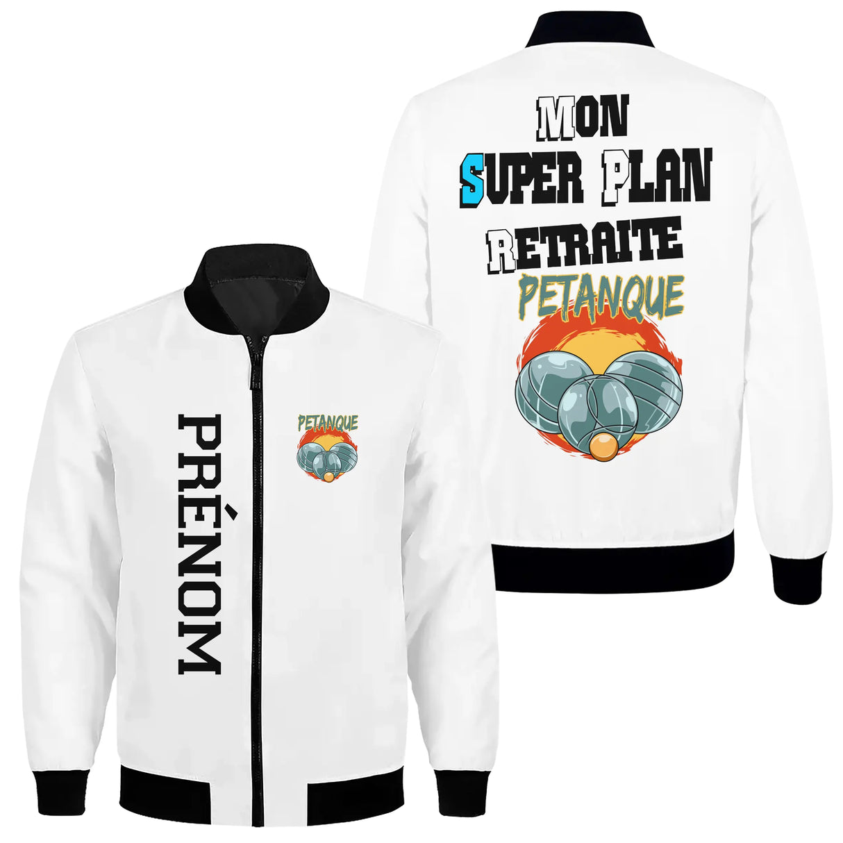 Veste pétanque bomber bleu marine vue dos message super plan retraite boules soleil orange humour