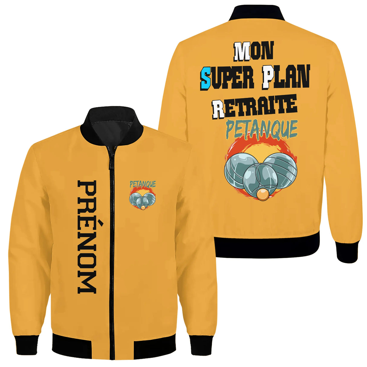 Veste pétanque bomber bleu marine vue avant fermeture éclair PRÉNOM manche logo torse personnalisable