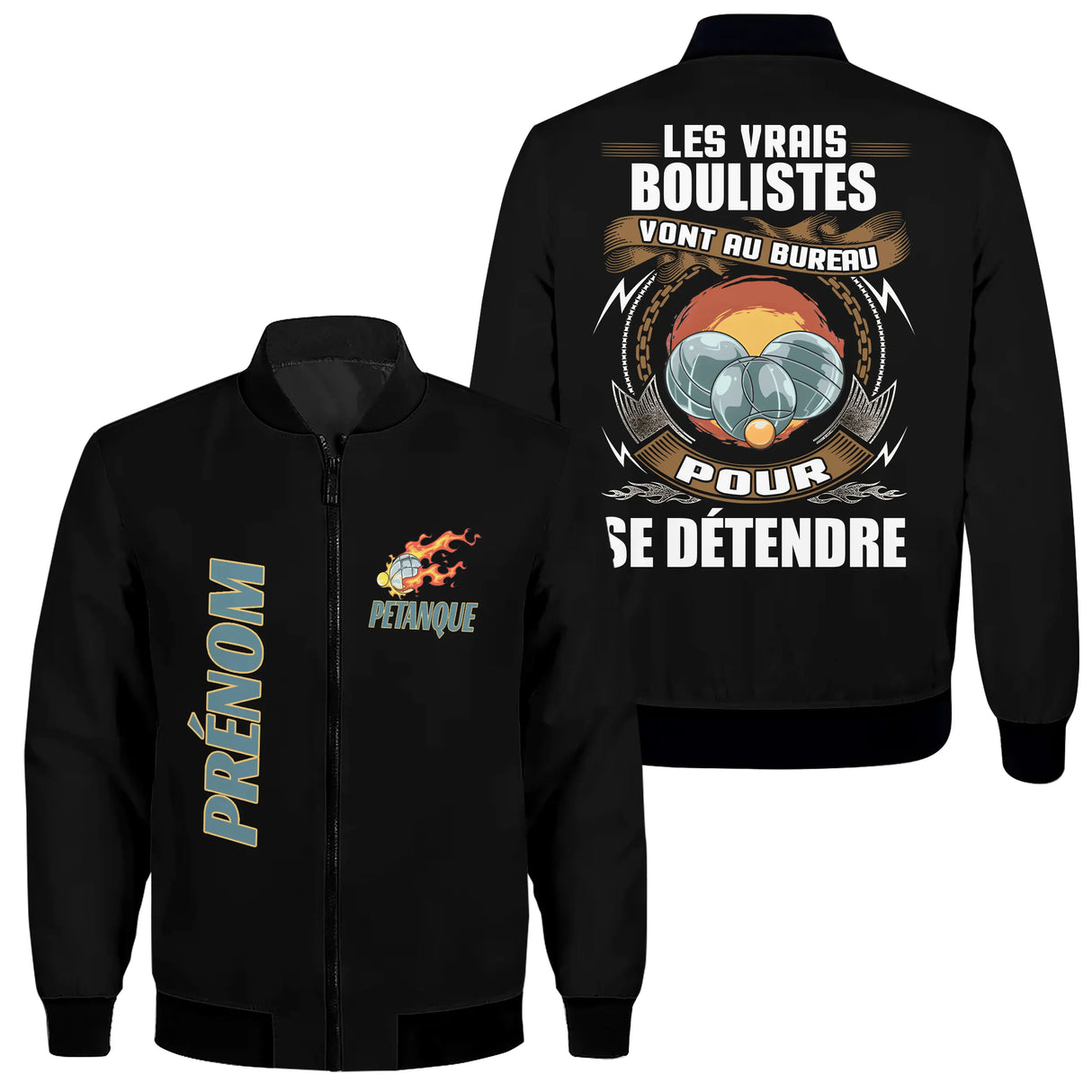 Veste bomber pétanque vert variante avec inscription humour bouliste bureau, prénom personnalisé