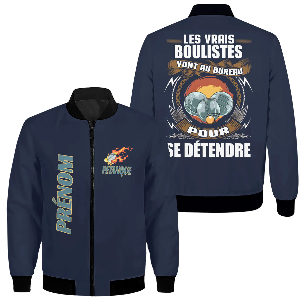Veste bomber pétanque variante avec écusson PRÉNOM et boules, prénom personnalisé