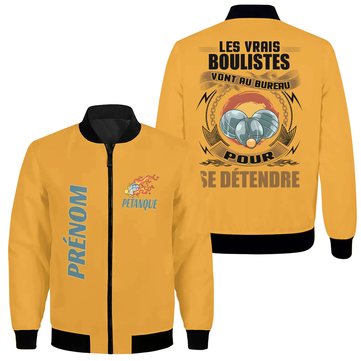 Veste bomber pétanque variante avec slogan bouliste détendre, prénom personnalisé