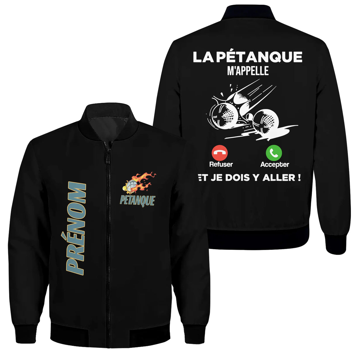 Veste bomber pétanque marine variante avec inscription appel pétanque, prénom personnalisé