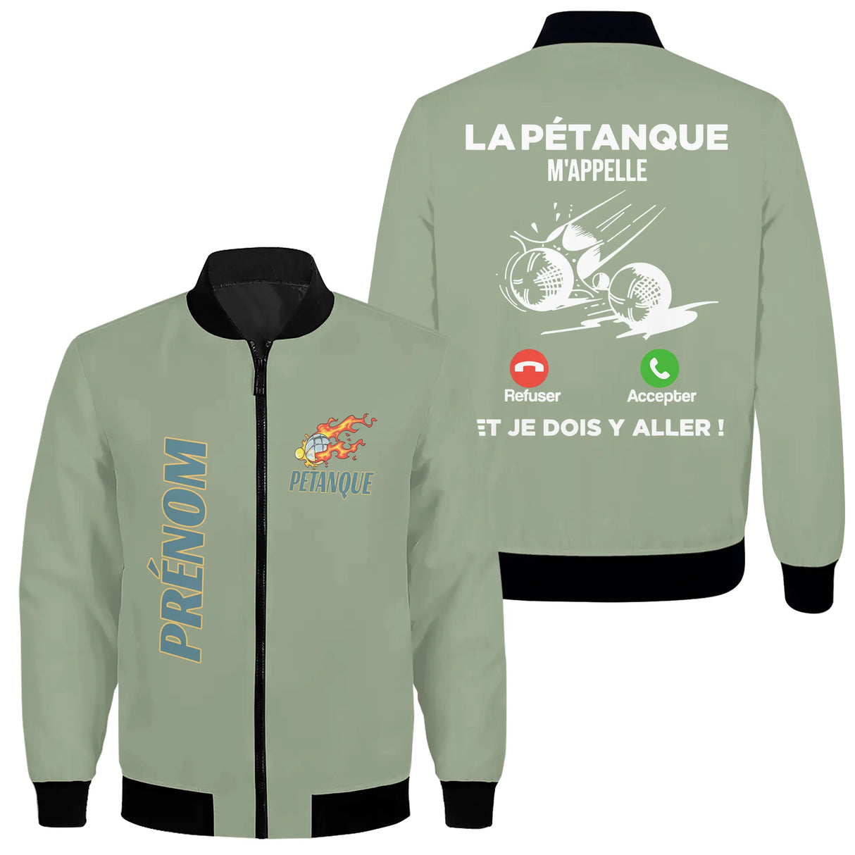 Veste bomber pétanque variante avec écusson PÉTANQUE flammes, prénom personnalisé
