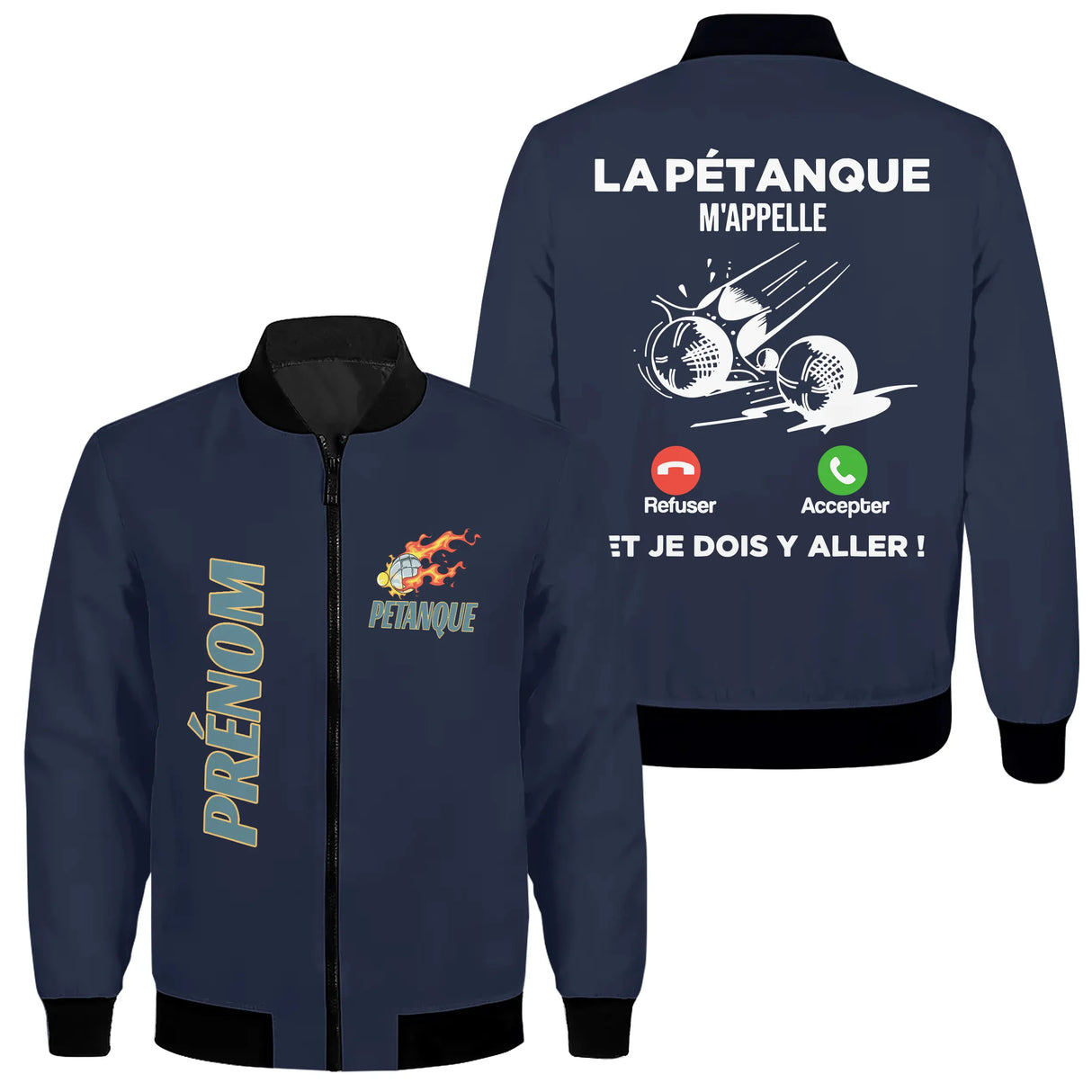 Veste bomber pétanque bleu marine homme avec slogan La pétanque m'appelle et boules, prénom et logo torse personnalisés