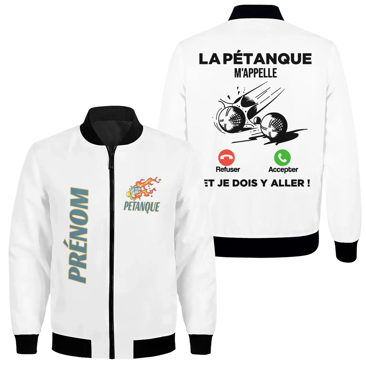 Veste bomber pétanque variante avec slogan dois y aller, prénom personnalisé