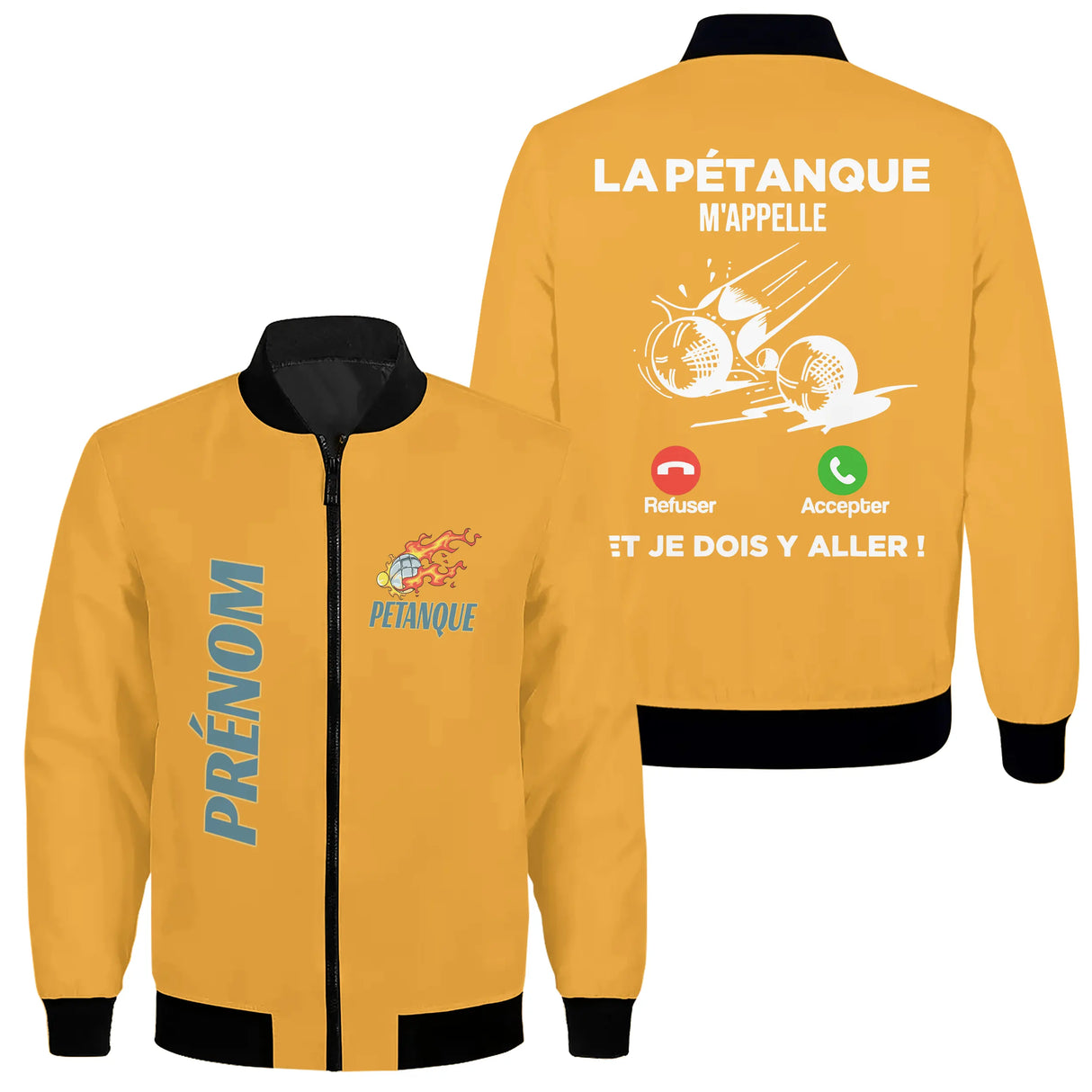 Veste bomber pétanque variante avec PRÉNOM doré et boules, prénom personnalisé