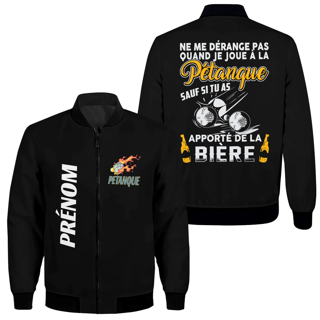 Veste pétanque noire humour bière dos illustration boules chope visuel décalé personnalisé prénom manche