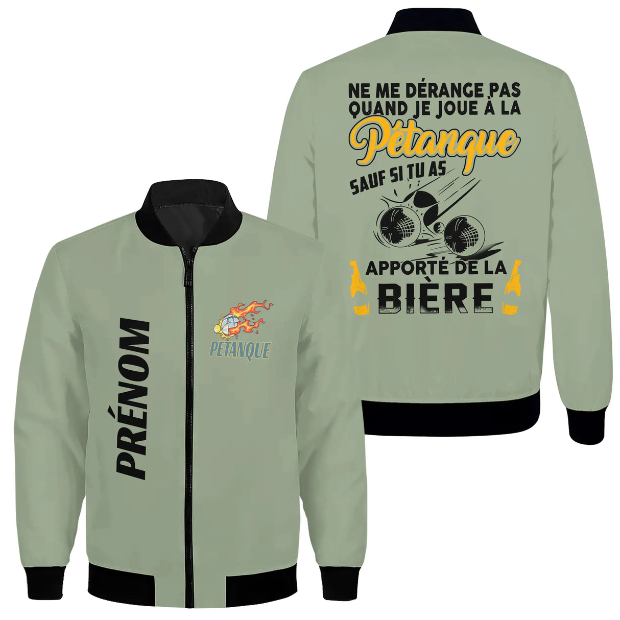 Veste pétanque verte humour apéro design boules chope dos imprimé prénom manche bouliste personnalisée
