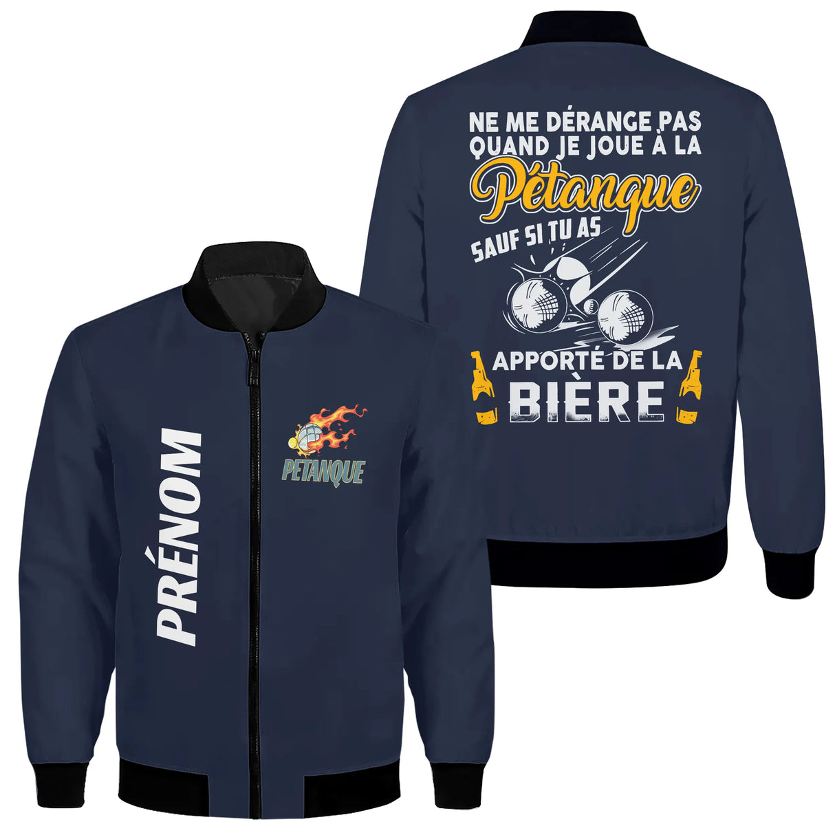 Veste pétanque bleu marine humour bière illustration boules chope dos prénom manche bouliste personnalisée