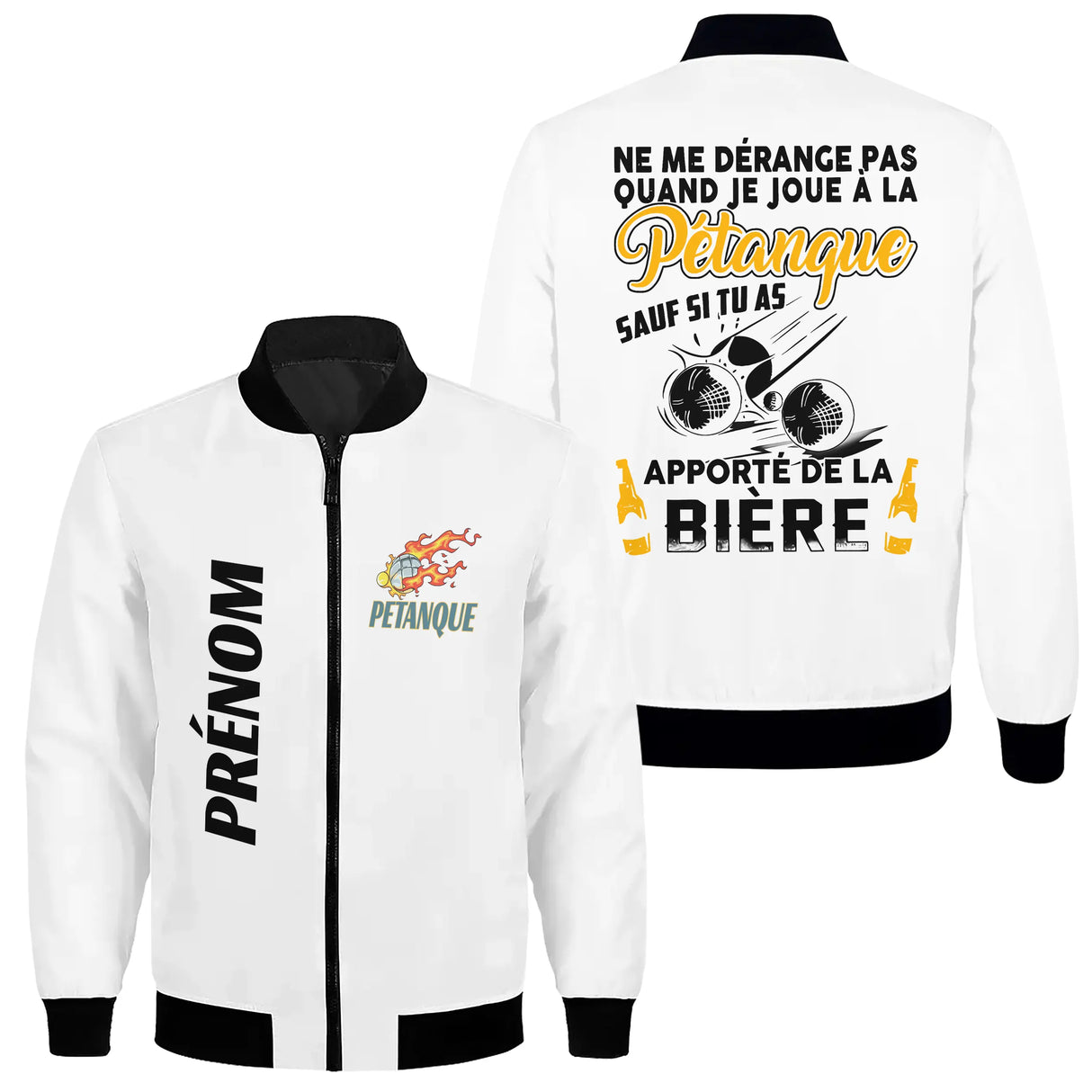 Veste pétanque blanche humour apéro visuel boules chope dos prénom manche bouliste personnalisée club