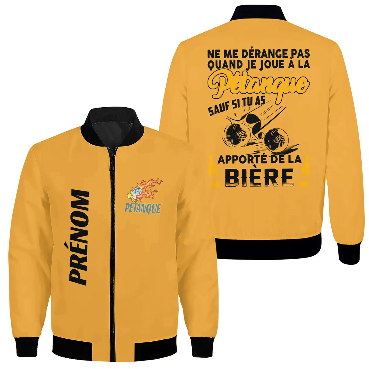Veste pétanque jaune humour bière design boules chope dos prénom manche bouliste personnalisée club