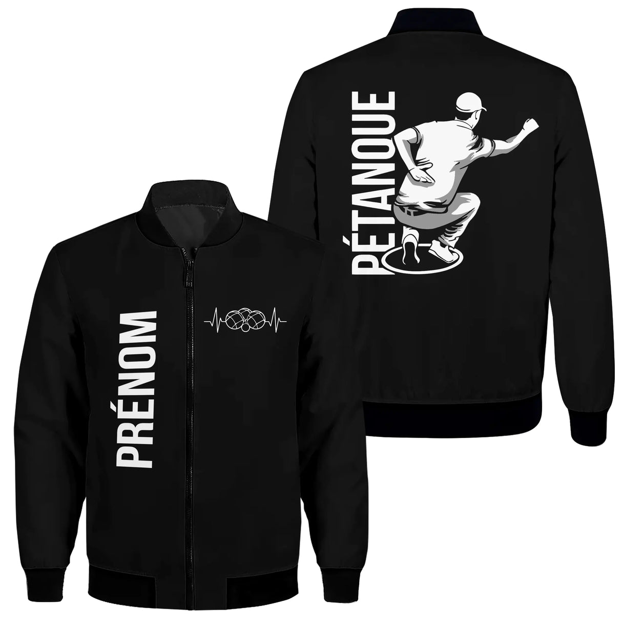 Veste pétanque bomber bleu marine vue avant fermeture éclair PRÉNOM manche logo torse personnalisable