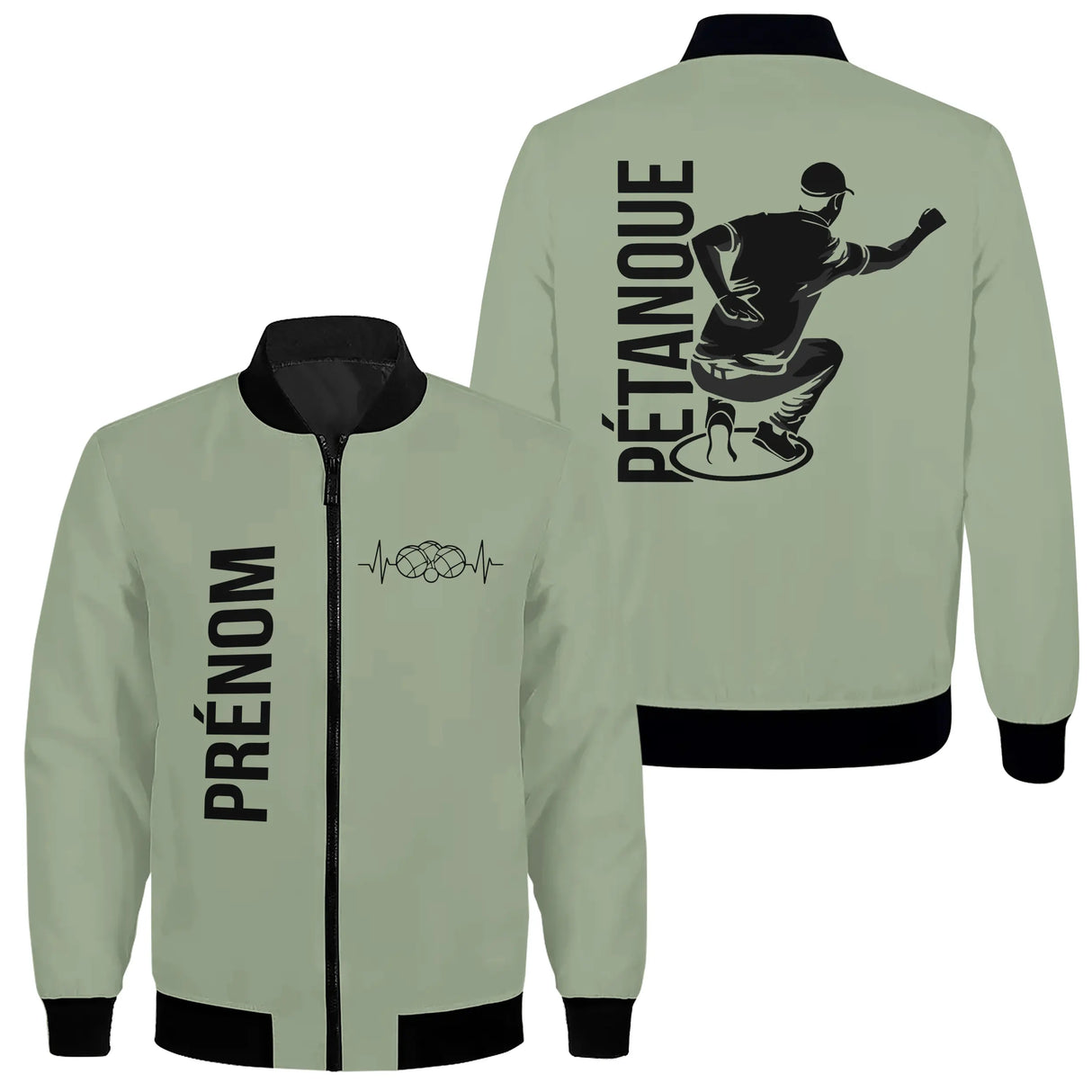 Veste pétanque bomber bleu marine vue manche prénom personnalisé logo association sport bouliste