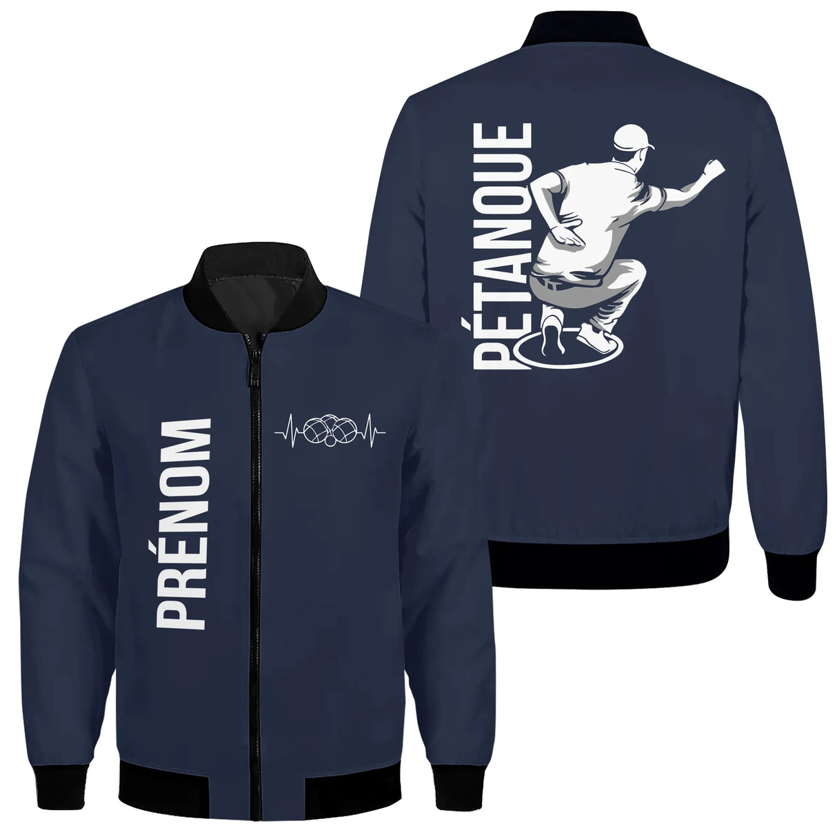 Veste pétanque bomber bleu marine silhouette joueur en lancer inscription PÉTANQUE typographie verticale dynamique