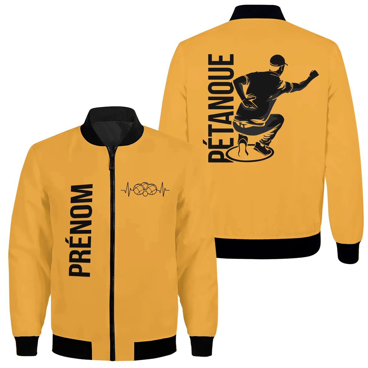 Veste pétanque bomber bleu marine vue dos silhouette joueur lancer typographie verticale design dynamique