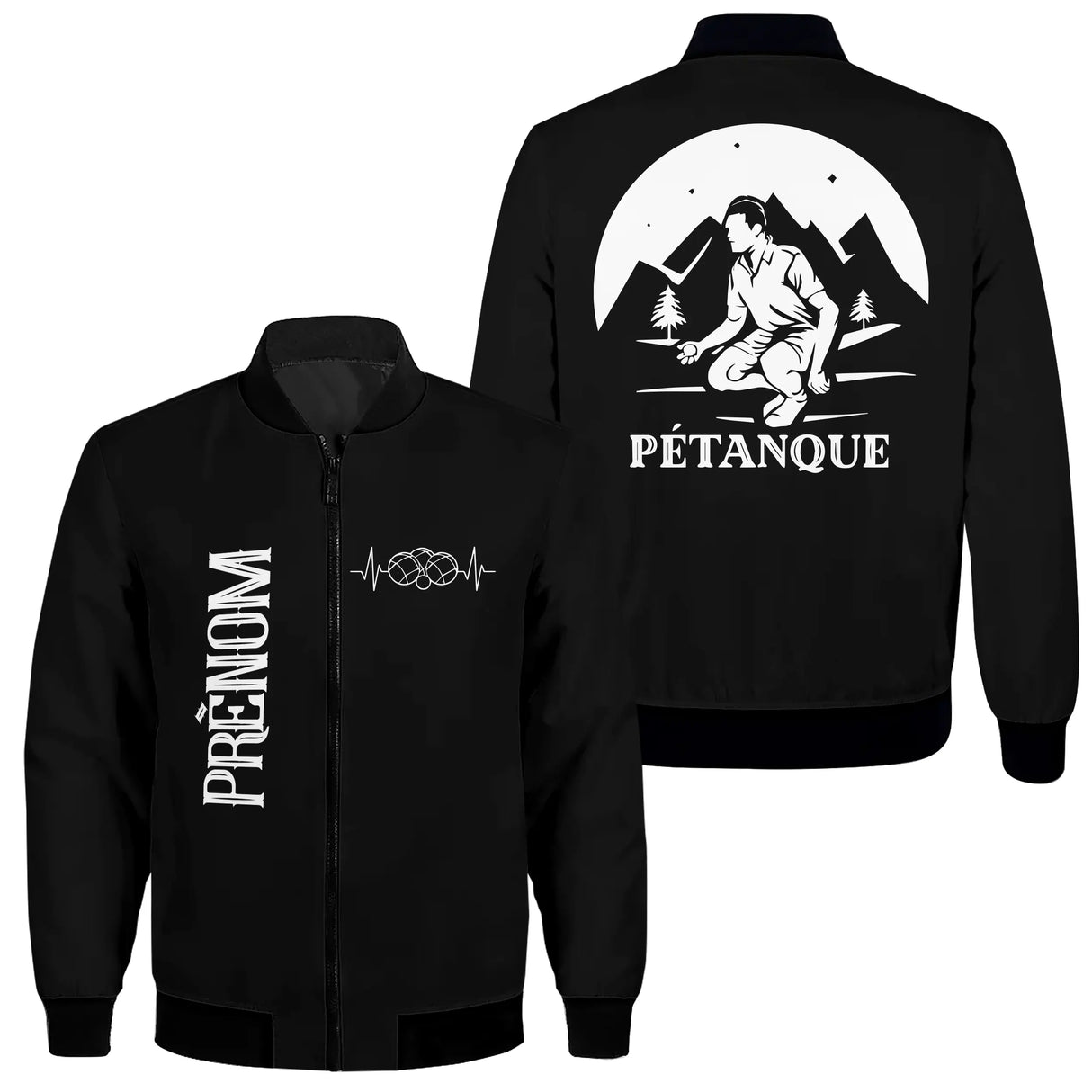 Veste pétanque bomber noir silhouette joueur lancer accroupi paysage montagne lune inscription PÉTANQUE poétique