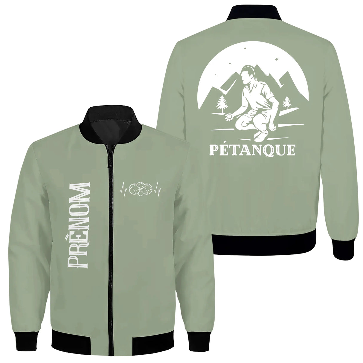 Veste pétanque bomber noir vue dos silhouette joueur pose accroupie montagne lune design évocateur