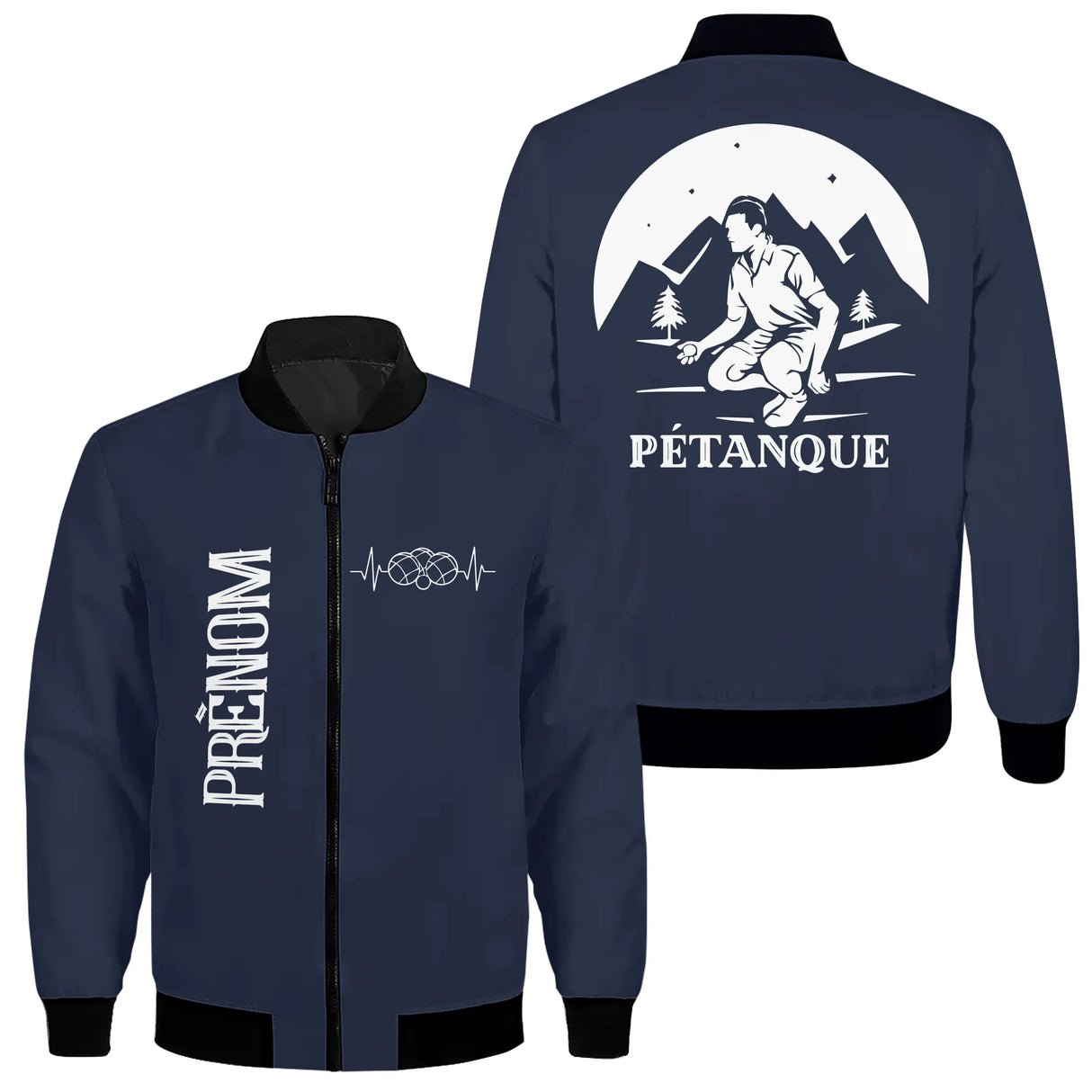 Veste pétanque bomber noir vue avant fermeture éclair PRÉNOM manche logo torse personnalisable