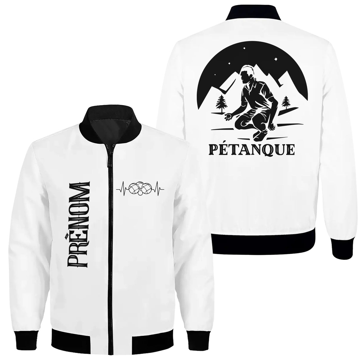 Veste pétanque bomber noir variante coloris design poétique silhouette joueur personnalisable