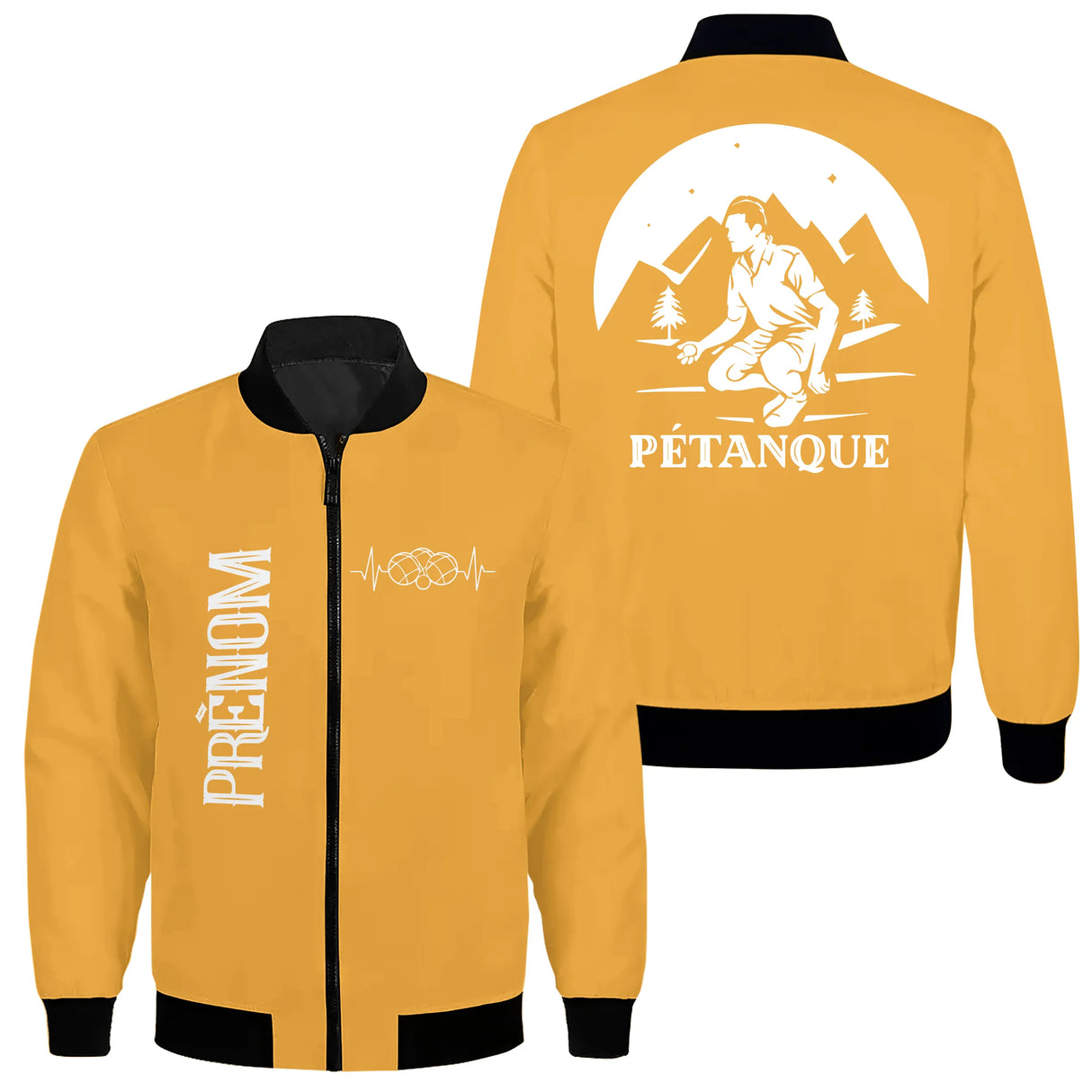 Veste pétanque bomber noir vue manche prénom personnalisé logo association sport bouliste